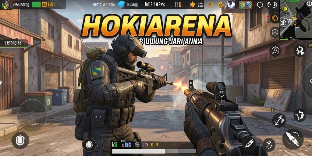 Screenshot gameplay HOKIARENA menampilkan aksi tembak-menembak yang intens.