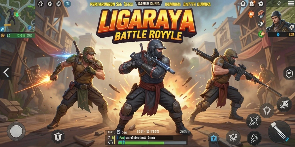 Tangkapan layar utama LIGARAYA menampilkan aksi pertarungan Battle Royale.