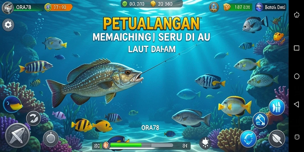 Tampilan gameplay ORA78 saat menangkap ikan di laut yang indah.