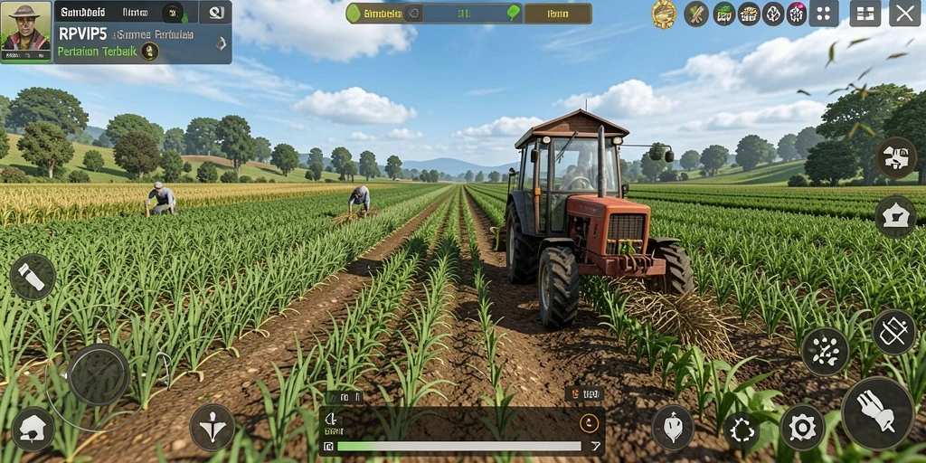 Screenshot utama RPVIP5 menunjukkan pemain sedang bercocok tanam di ladang.