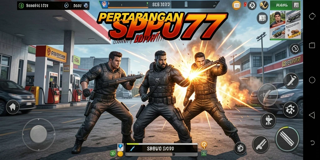 Gameplay SPBU77 menampilkan pertarungan seru dengan karakter unik.